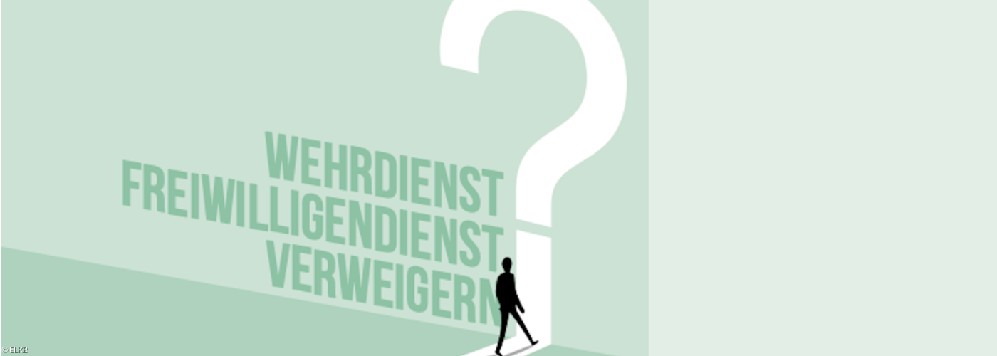 Mensch kommt aus Fragezeichen, daneben steht Wehrdienst, Freiwilligendienst, Verweigern